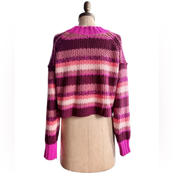 Free People Devon Cropped Knit Striped Sweater in Fuchsia Rose, Sz Sm - Picture 9 of 16